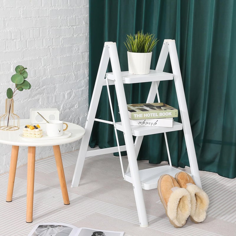 Matiko 3 Step Ladder Iron Folding Ladder Stool Wider Upgraded NonSlip Treads Portable Lightweight Ladder for Home and Kitchen Holds up to 330 Lbs White - Image 4