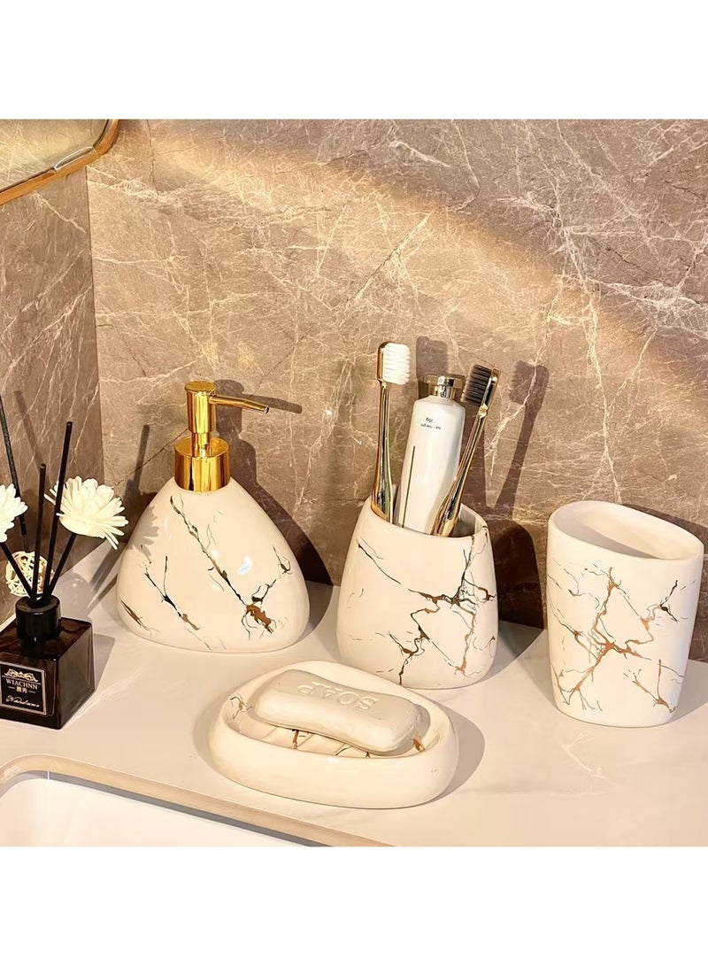 JiFENG 4pcs Bathroom Accessories Set Ceramic - Soap Dispenser, Soap Dish, Toothbrush Holder & Cup - Modern Sink Decor with Golden Stripes (White) - Image 1
