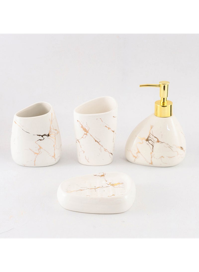 JiFENG 4pcs Bathroom Accessories Set Ceramic - Soap Dispenser, Soap Dish, Toothbrush Holder & Cup - Modern Sink Decor with Golden Stripes (White) - Image 2