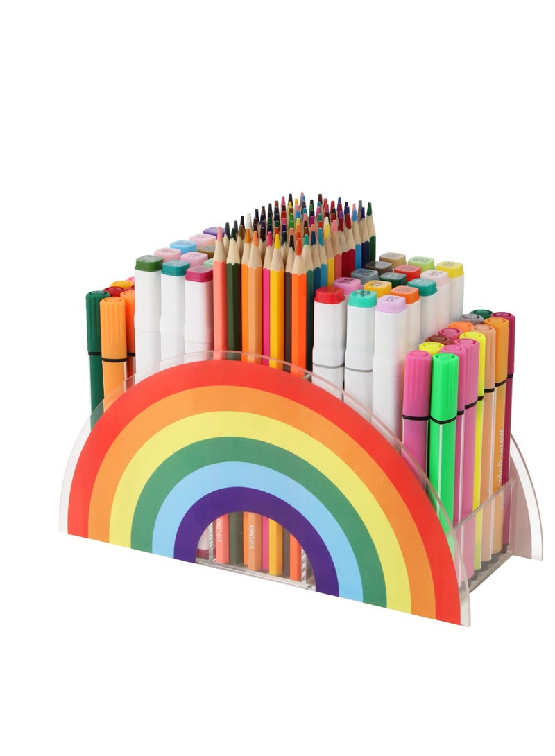 KASTWAVE Acrylic Pen Holder, Cute Pencil Organizer, 5 Compartments Clear Desk, Desktop Stationery Organizer for Office Storage/School/Art Supplies/Home (Rainbow Colour) - Image 1