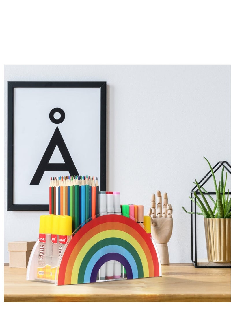 KASTWAVE Acrylic Pen Holder, Cute Pencil Organizer, 5 Compartments Clear Desk, Desktop Stationery Organizer for Office Storage/School/Art Supplies/Home (Rainbow Colour) - Image 2