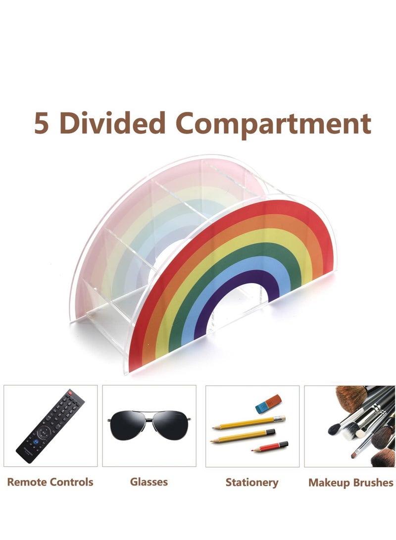 KASTWAVE Acrylic Pen Holder, Cute Pencil Organizer, 5 Compartments Clear Desk, Desktop Stationery Organizer for Office Storage/School/Art Supplies/Home (Rainbow Colour) - Image 3