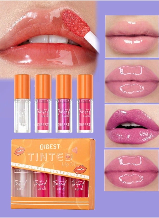 QiBest 4 Colors Tinted Lip Oil Moisturizing Hydrating Lip Glow Oil Big Brush Head Moisturizing Lip Gloss Shiny Transparent Lip Gloss Plumping Clear Tint Shiny and Vegan Moisturizing Lip Plumper 01  - Image 1