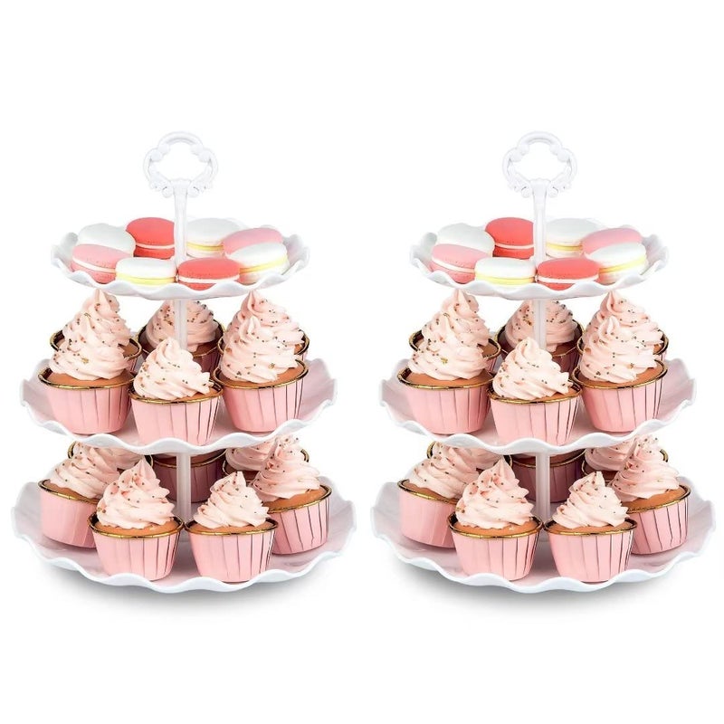 NWK Pack of 2 Large Stable 3Tier Cupcake Stand 30cm Height Plastic Cake Stand Food Round Display for Wedding Birthday Graduation Afternoon Tea Party White Large