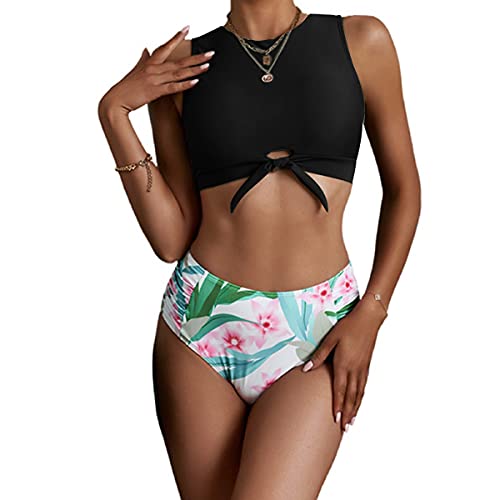 Balasami Women's Cut Out Tie Knot Front Scoop High Neck Tank Crop Top Bikini Swimsuit Top Only Black - Image 5