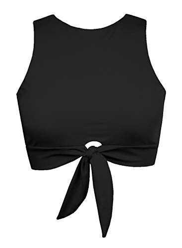 Balasami Women's Cut Out Tie Knot Front Scoop High Neck Tank Crop Top Bikini Swimsuit Top Only Black - Image 1