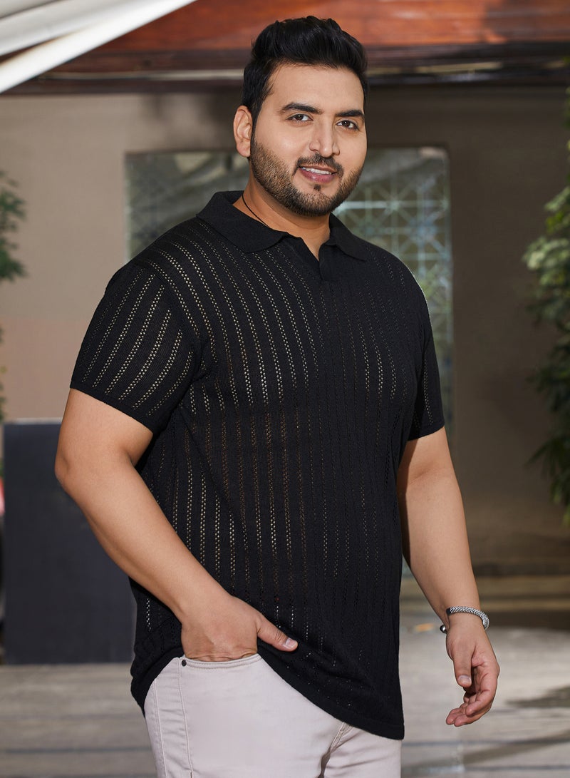 انستافاب بلس تيشيرت بولو رجالي مقاس كبير أسود ليلي مخطط بنسيج مريح للملابس الكاجوال - Image 3