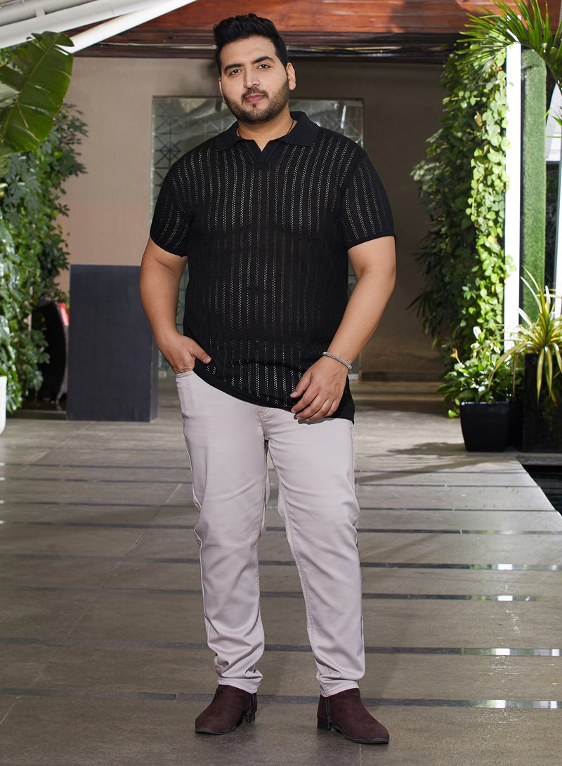 انستافاب بلس تيشيرت بولو رجالي مقاس كبير أسود ليلي مخطط بنسيج مريح للملابس الكاجوال - Image 5