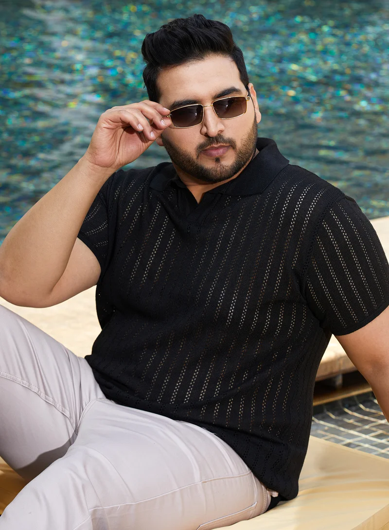 Instafab Plus Instafab Plus Men's Midnight Black Stripe-Textured Polo T-Shirt For Casual Wear | Polo Neck | Short Cuffed Sleeves | Pull On Closure | Plus Size T-Shirt Crafted With Comfort Fit For Everyday Wear