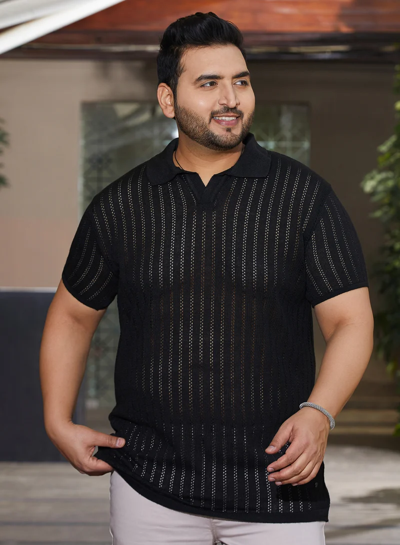 Instafab Plus Instafab Plus Men's Midnight Black Stripe-Textured Polo T-Shirt For Casual Wear | Polo Neck | Short Cuffed Sleeves | Pull On Closure | Plus Size T-Shirt Crafted With Comfort Fit For Everyday Wear