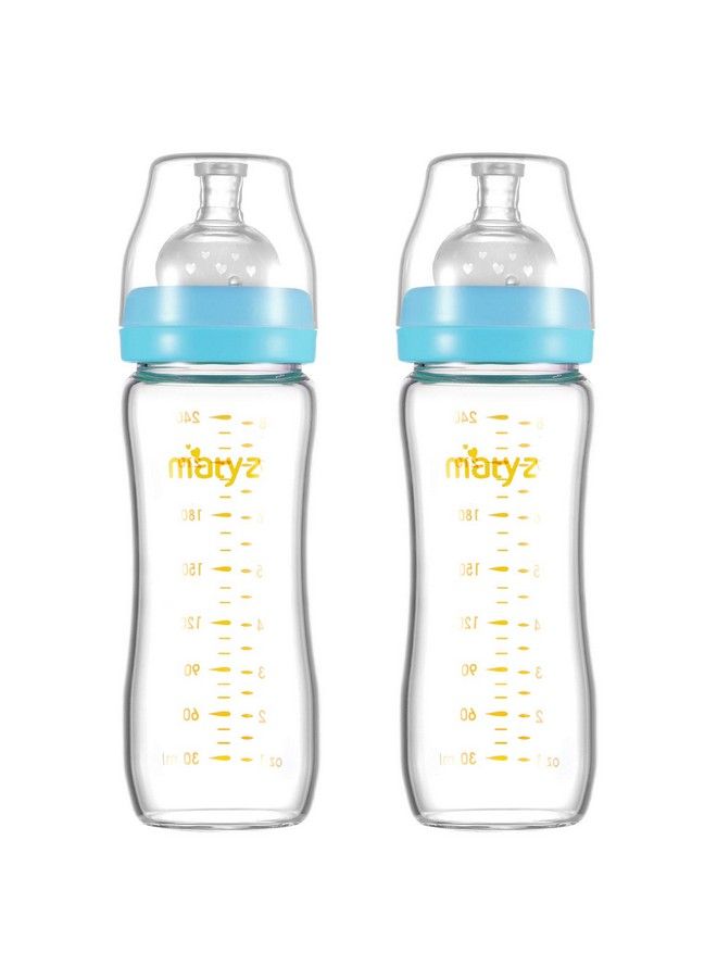Matyz Glass Breastmilk Baby Feeding Bottle With Nipple 2 Pack 8 Oz Slim And Light Bottle Easy To Hold Food Grade Borosilicate Glass Wide Neck Easy To Clean Bpa Free (Blue Lids) - Image 1