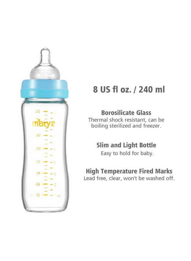 Matyz Glass Breastmilk Baby Feeding Bottle With Nipple 2 Pack 8 Oz Slim And Light Bottle Easy To Hold Food Grade Borosilicate Glass Wide Neck Easy To Clean Bpa Free (Blue Lids) - Image 4