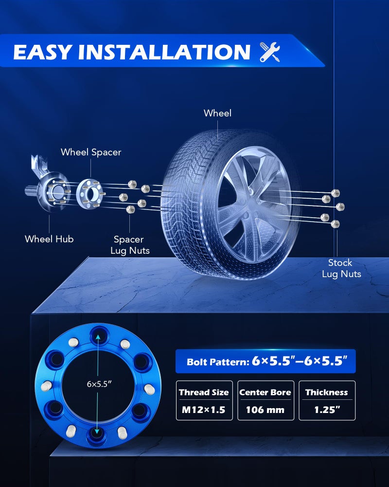 Orion Motor Tech مجموعة فواصل العجلات أورايون موتور تك 6x5.5 بوصة 1.25 باللون الأزرق متوافقة مع FJ كروزر تاكوما 4رانر توندر، فواصل العجلات المركزية 6x139.7 مم ب bore 106 مم مع مسامير 12x1.5، مجموعة من 4 - Image 2
