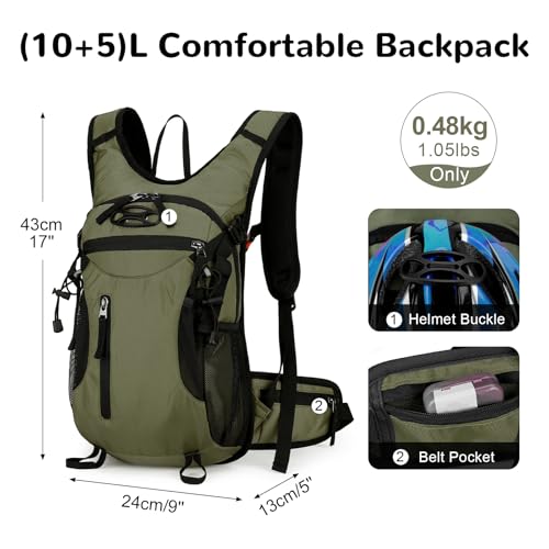 Outplea 15L Small Waterproof Hiking Backpack with Chest Strap for Men, Bike Cycling Backpack for Helmet, Green - Image 2
