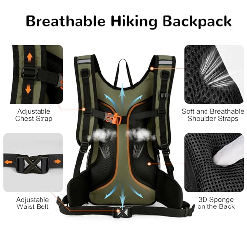Outplea 15L Small Waterproof Hiking Backpack with Chest Strap for Men, Bike Cycling Backpack for Helmet, Green - Image 4
