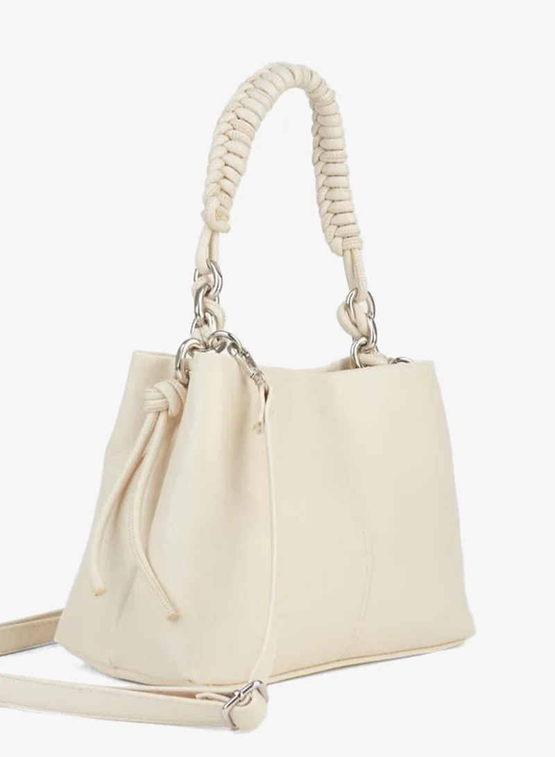 Women's Cream Synthetic Leather Woven Strap Lined Zipper Closure Hand, Arm and Shoulder Bag.