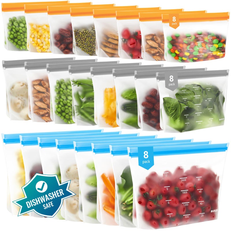 Dishwasher Safe Reusable Storage Bags Stand Up BPA Free Reusable Sandwich Bags Leakproof Gallon Freezer Bags for Marinate Meats Salad Fruit Multicolor 8 Gallon 8 Sandwich 8 Snack Bags