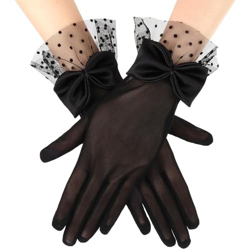 xinxingin 2 PCS Net Gloves for Women, Black Lace Gloves with Bow, Elegant Tea Gloves for Wedding, Evening Events - Image 1