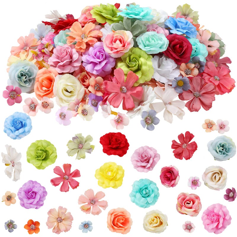 Hoteam 300 Pcs Faux Flower Heads Silk Artificial Plum Blossom Heads DIY Fake Mini Flowers Assorted Silk Decorative Flowers Daisy Roses Craft Supplies for Wedding Party Wreath (Elegant) - Image 1