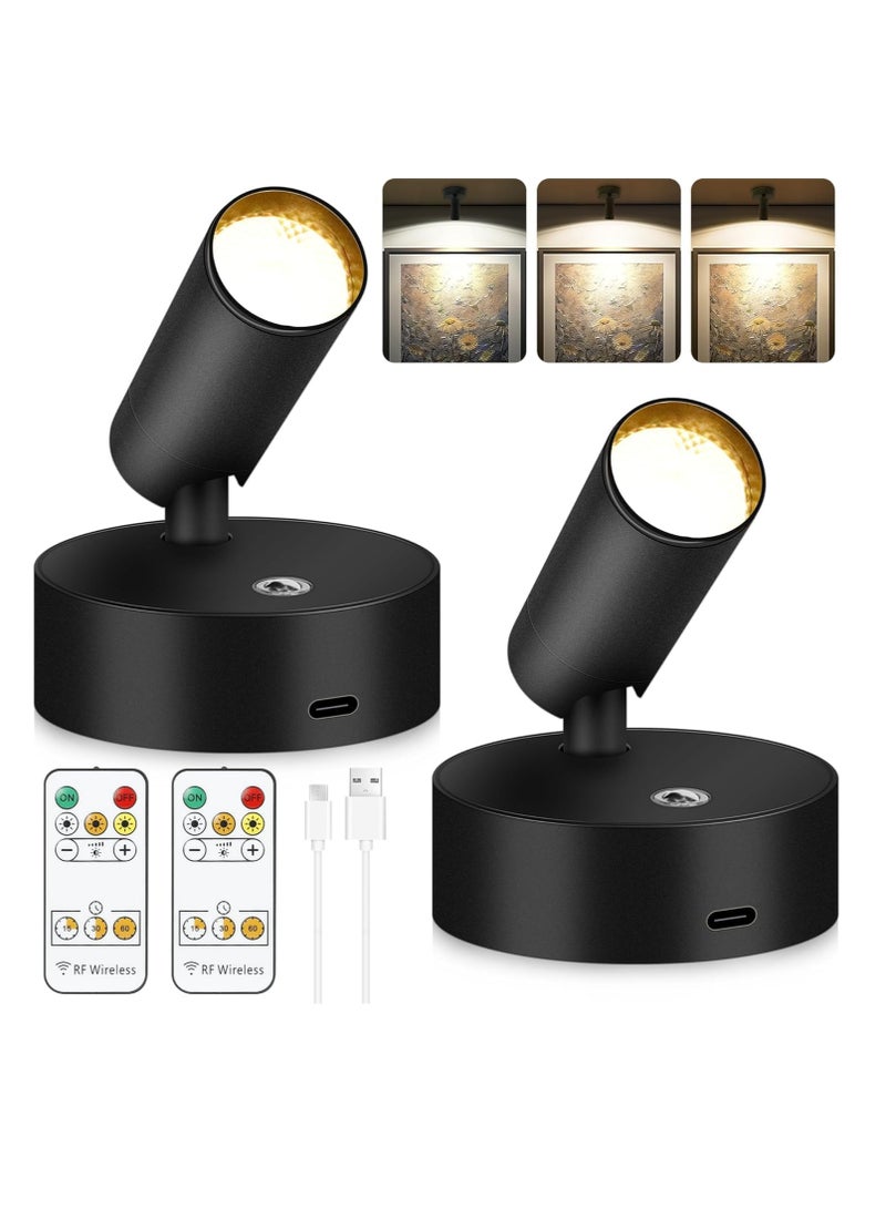 Led Spotlight, Wireless Indoor Spotlight With Timer And Adjustable Brightness, Rechargeable Spotlight, 3cct Battery Powered Indoor Tree Light, Suitable For Plants And Artworks, 2 Pieces - Black - Image 1