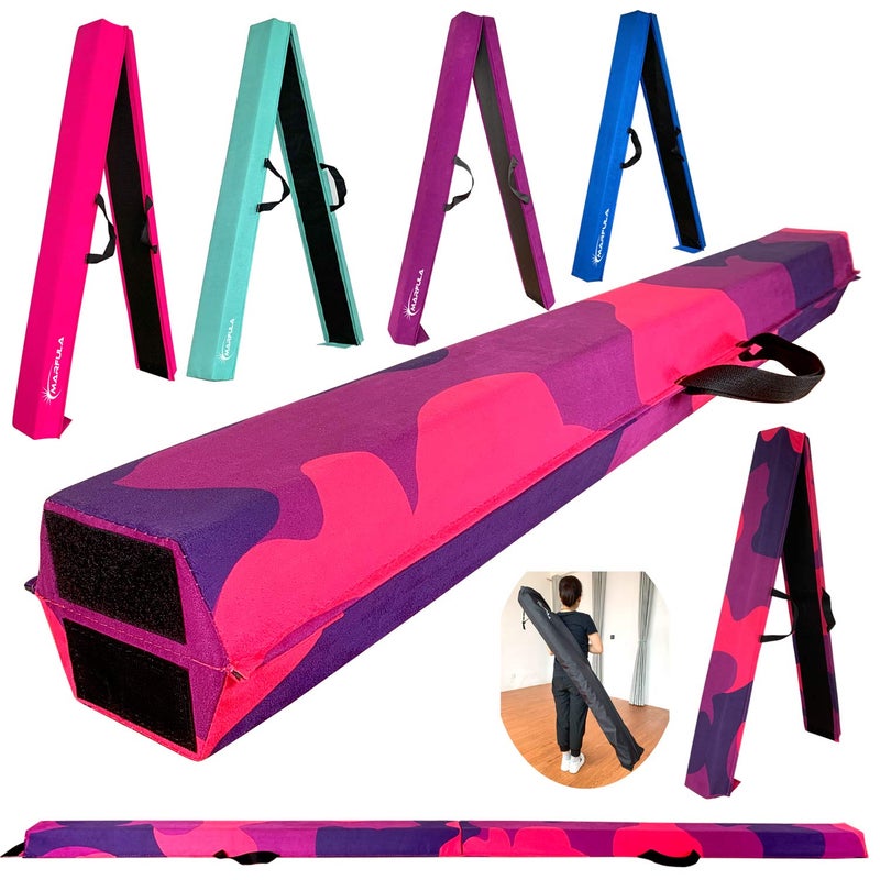 Marfula 6 FT / 8 FT / 9 FT Folding Gymnastics Beam Foam Balance Floor Beam - Extra Firm - Suede Cover - Anti Slip Bottom with Carry Bag For Kids/Adults Home Use (Pink Purple-Camo, 6 FT) - Image 1