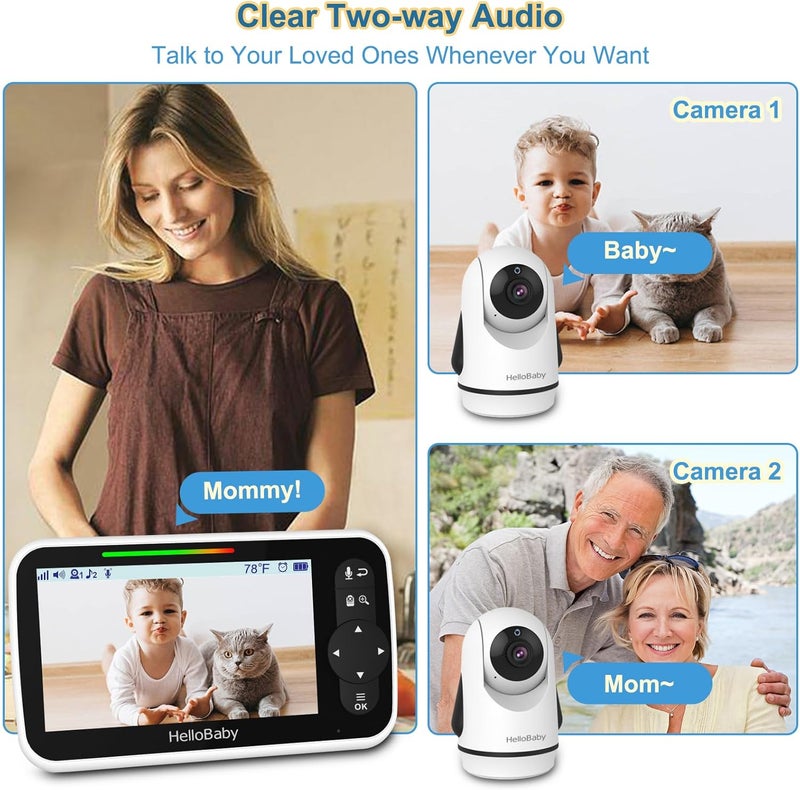 HelloBaby Video Baby Monitor with 2 Cameras and 5 Inch Split Screen Display Remote Control Cameras with Night Vision and Temprature Monitoring - Image 4