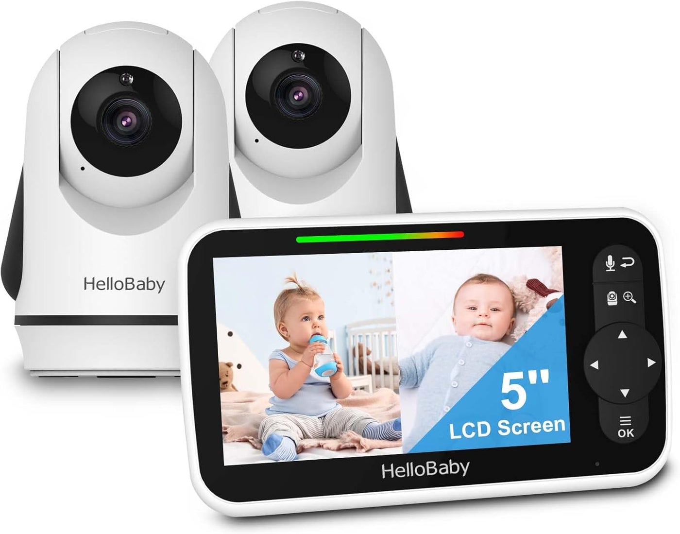 HelloBaby Video Baby Monitor with 2 Cameras and 5 Inch Split Screen Display Remote Control Cameras with Night Vision and Temprature Monitoring