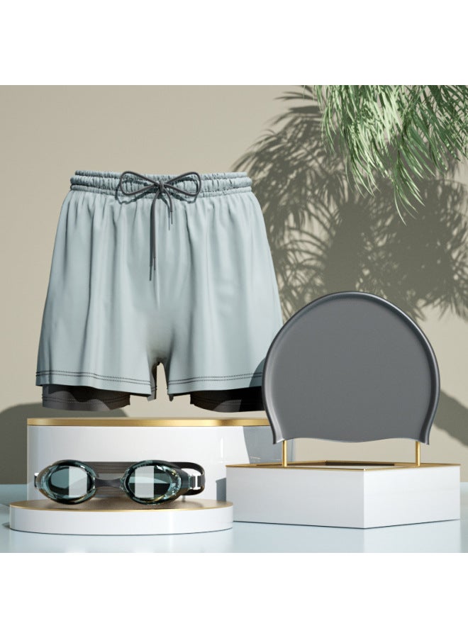 Mei Fanzhe Swimming Trunks Men's 2024 Anti-embarrassment Hot Spring Pants Swimming Cap Swimming Goggles Three-piece Set Of Swimming Equipment Full Set-Color:[black Yk] Double Layer Swimming Trunks-