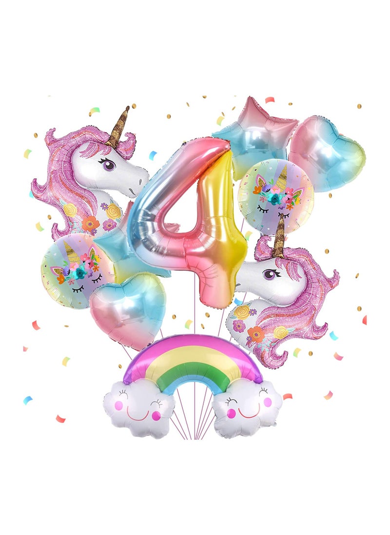 Generic - Unicorn Birthday Decorations for Girls 10Pcs Unicorn Balloons Set with Rainbow Heart Star and Number 4 Foil Balloons for 4th Birthday Party Decorations - Image 1