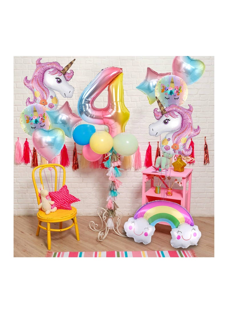 Generic - Unicorn Birthday Decorations for Girls 10Pcs Unicorn Balloons Set with Rainbow Heart Star and Number 4 Foil Balloons for 4th Birthday Party Decorations - Image 1
