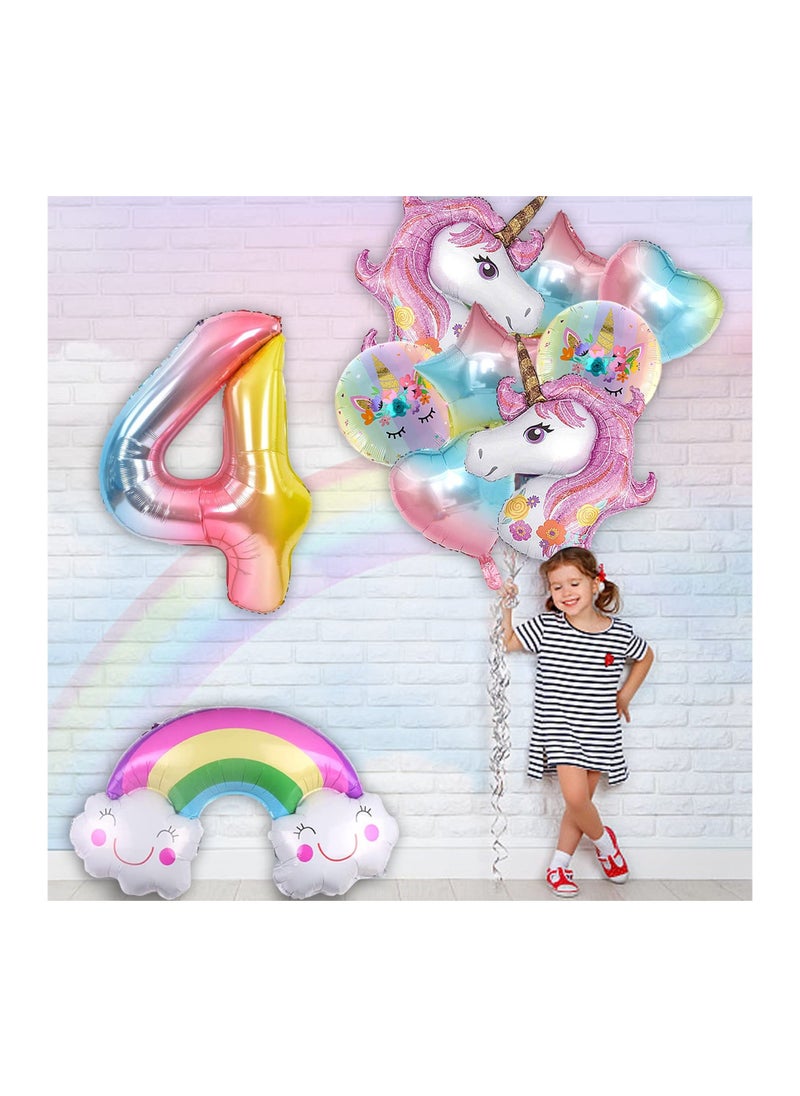 Generic - Unicorn Birthday Decorations for Girls 10Pcs Unicorn Balloons Set with Rainbow Heart Star and Number 4 Foil Balloons for 4th Birthday Party Decorations - Image 1
