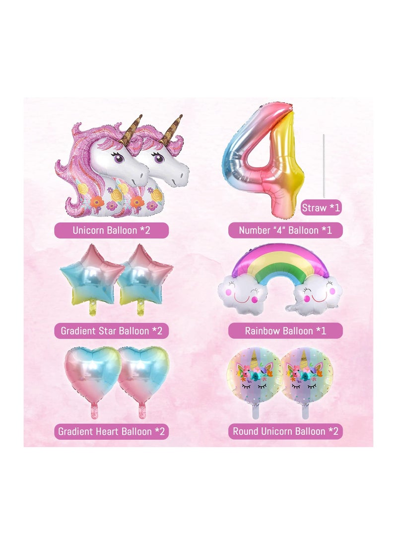 Generic - Unicorn Birthday Decorations for Girls 10Pcs Unicorn Balloons Set with Rainbow Heart Star and Number 4 Foil Balloons for 4th Birthday Party Decorations - Image 1