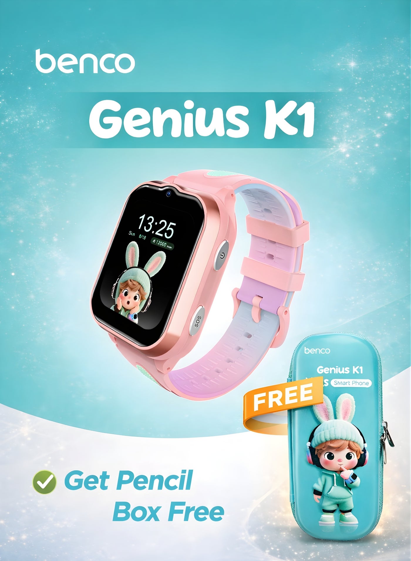 benco Genius K1 Kids 4G Watch Phone with GPS + Video Call for Kids –Free Pencil Box – Pink – Middle East Version