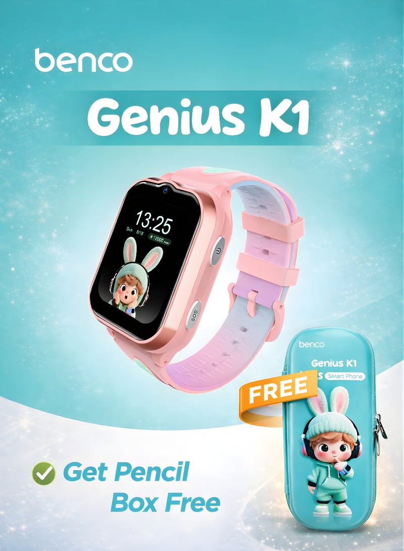 بينكو ساعة Genius K1 للأطفال مزودة بهاتف 4G ونظام تحديد المواقع العالمي (GPS) ومكالمات فيديو - علبة أقلام مجانية - لون وردي - إصدار الشرق الأوسط - Image 1