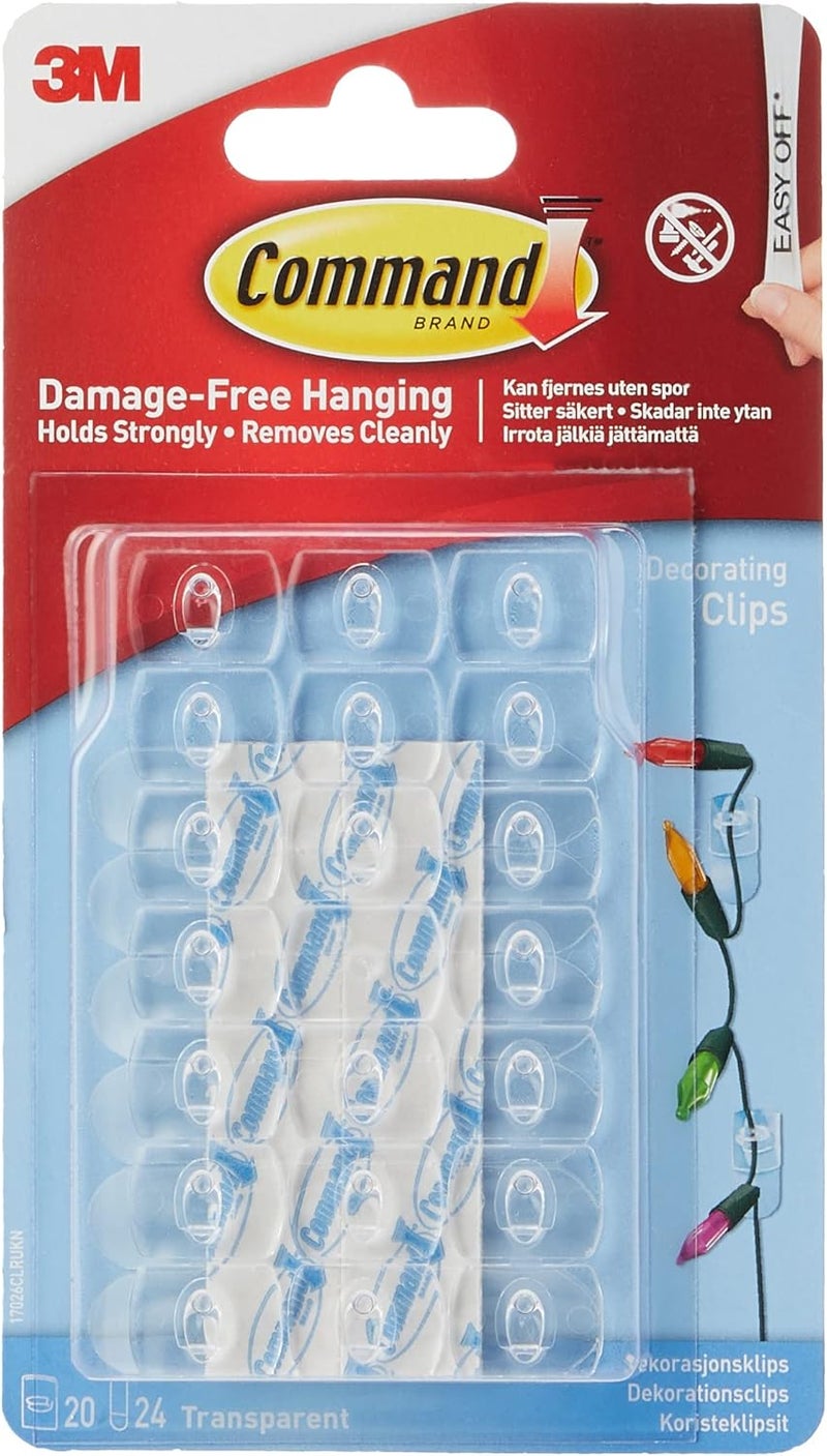 Command Decorating Small Clips - Transparent, 20 Clips + 24 Strips, Holds 180g Each - Image 1
