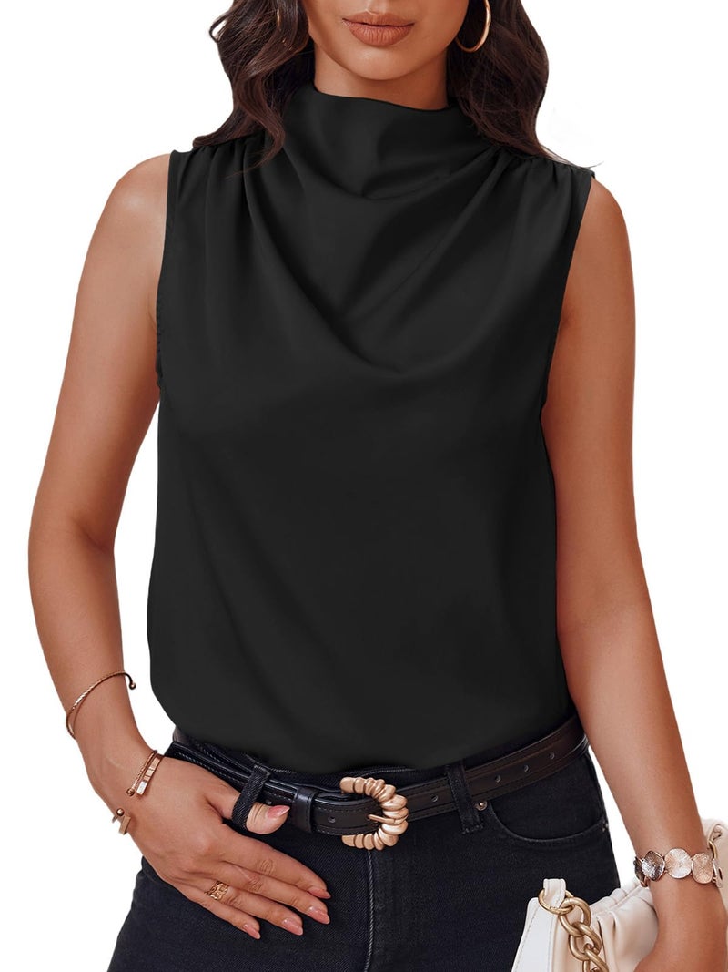 Cicy Bell Womens Mock Neck Satin Tank Tops Business Casual Work Ruched Blouses Summer Corporate Outfits Black - Image 1