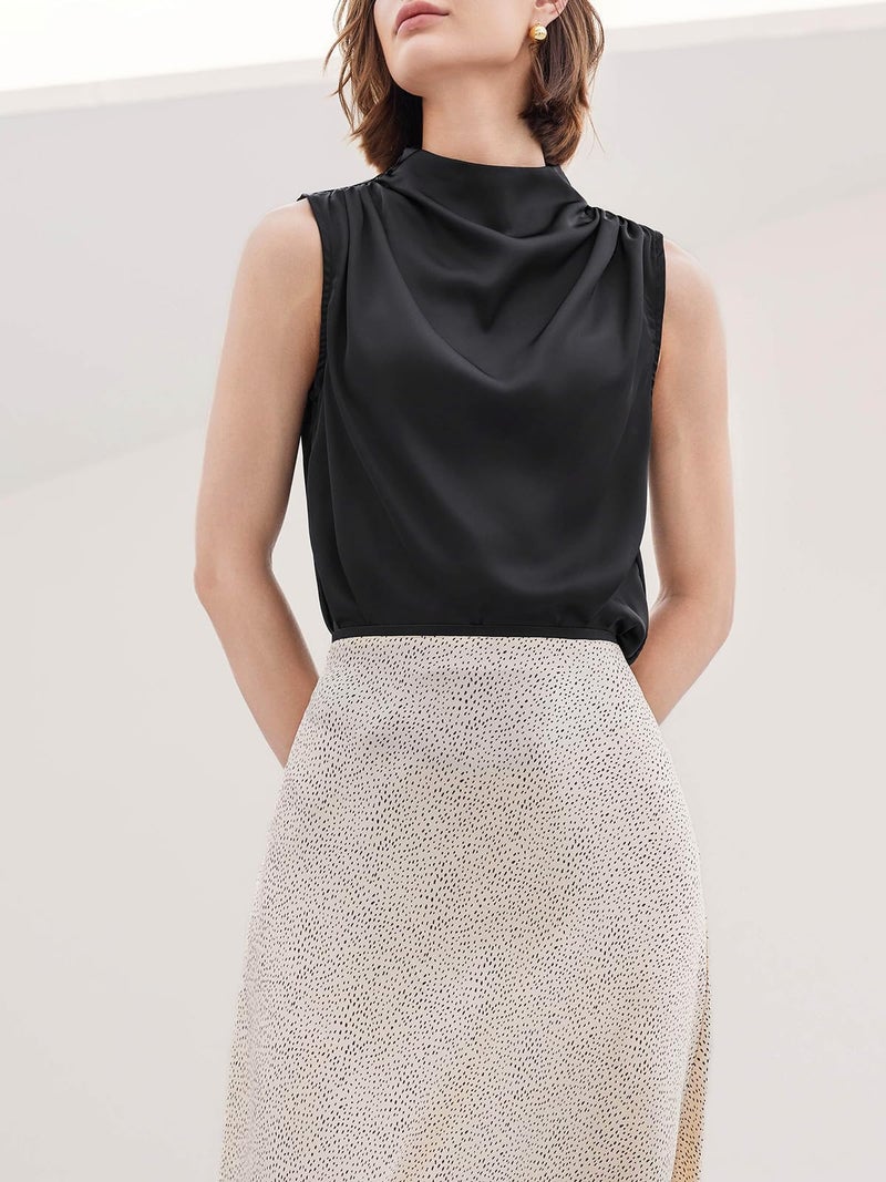 Cicy Bell Womens Mock Neck Satin Tank Tops Business Casual Work Ruched Blouses Summer Corporate Outfits Black - Image 5