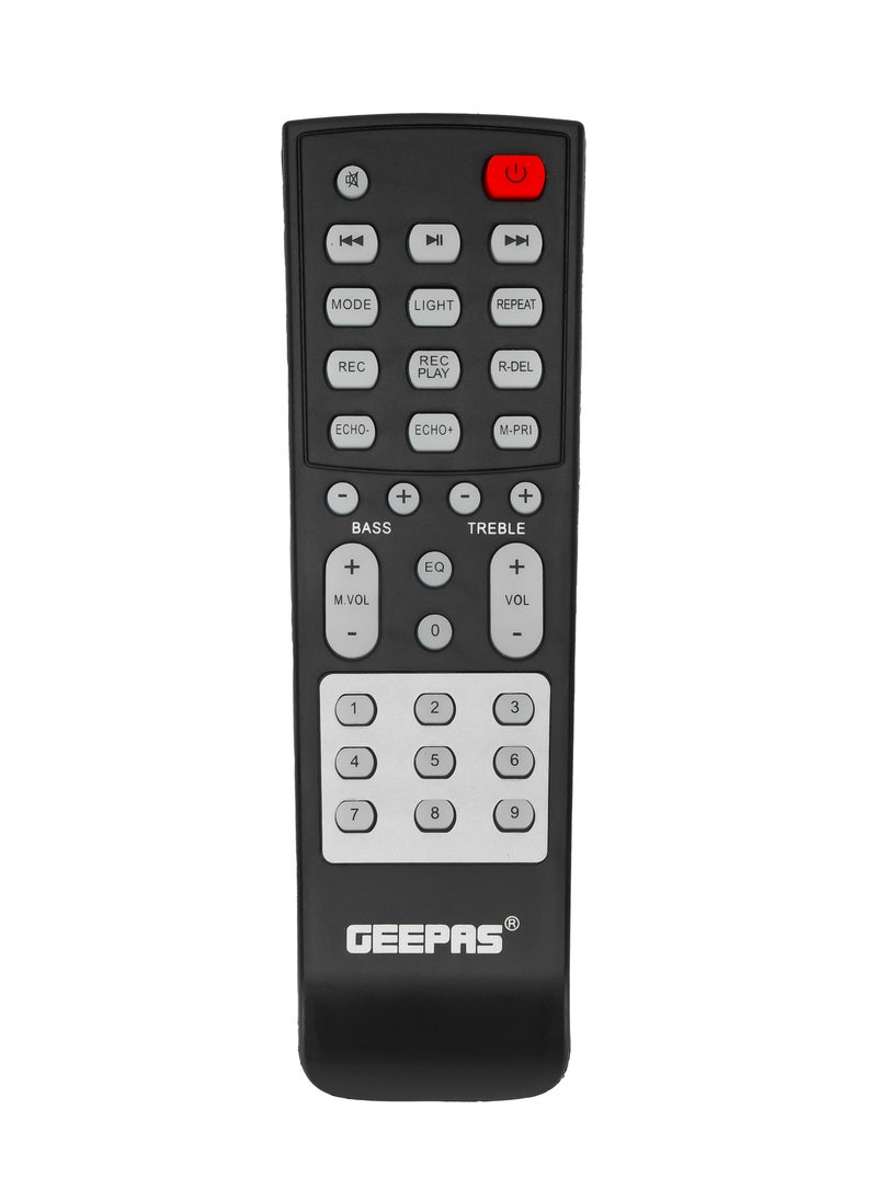 GEEPAS - Geepas Portable & Rechargeable Party Speaker With EQ Setting, FM Radio, LED Light, LINE/USB/TF Card/AUX, TWS Connection, Bluetooth, Wireless Microphone, Remote Control, Woofer, Tweeter & Power Adapter - Image 1