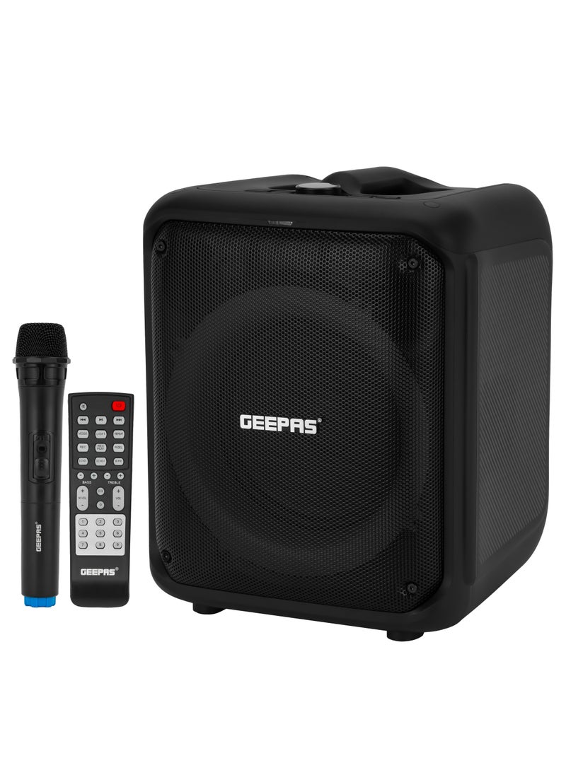 GEEPAS - Geepas Portable & Rechargeable Party Speaker With EQ Setting, FM Radio, LED Light, LINE/USB/TF Card/AUX, TWS Connection, Bluetooth, Wireless Microphone, Remote Control, Woofer, Tweeter & Power Adapter - Image 1
