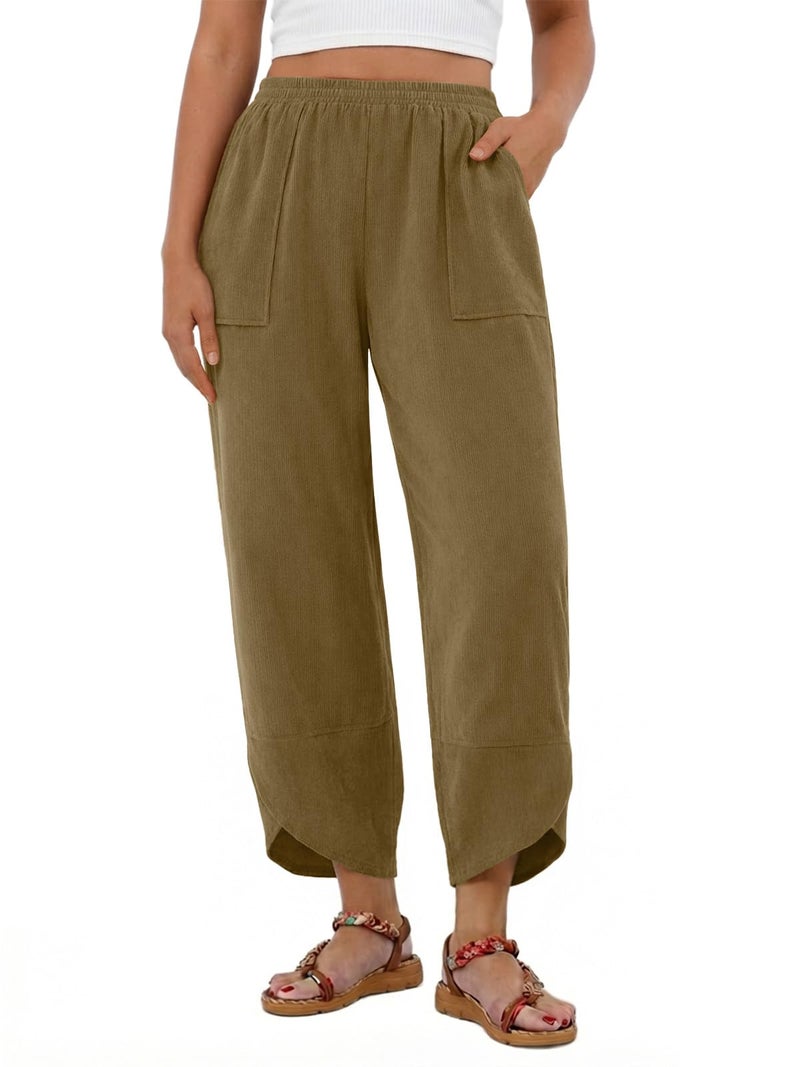 Feiersi Womens Baggy Wide Leg Pants Elastic Waisted Casual Corduroy Harem Pants Summer Beach Trousers(Corduroy Khaki,X-Large) - Image 1