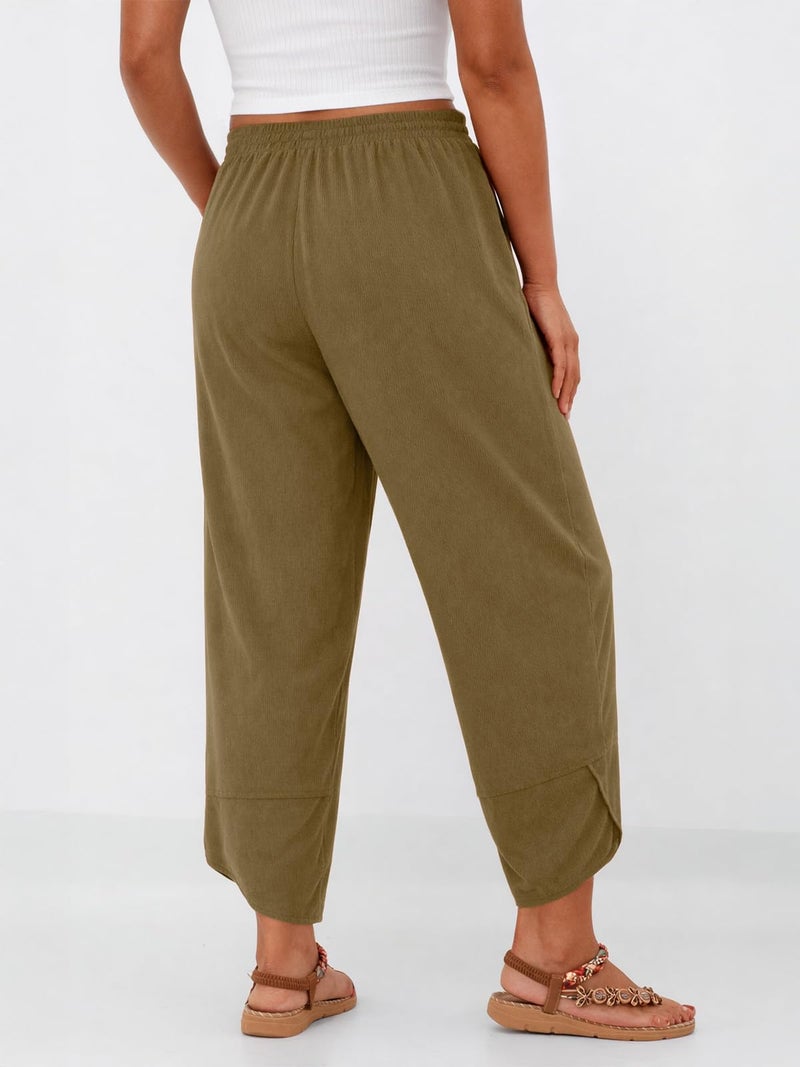 Feiersi Womens Baggy Wide Leg Pants Elastic Waisted Casual Corduroy Harem Pants Summer Beach Trousers(Corduroy Khaki,X-Large) - Image 3
