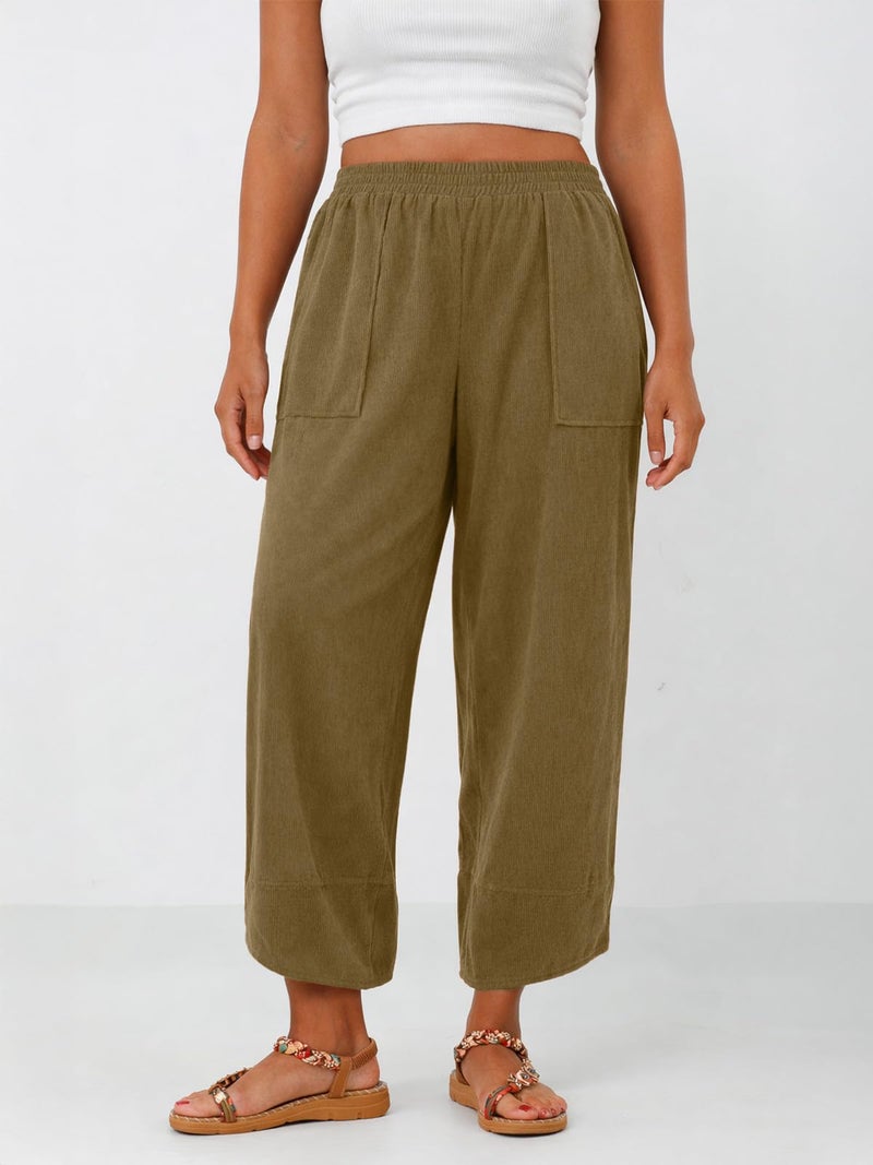 Feiersi Womens Baggy Wide Leg Pants Elastic Waisted Casual Corduroy Harem Pants Summer Beach Trousers(Corduroy Khaki,X-Large) - Image 2