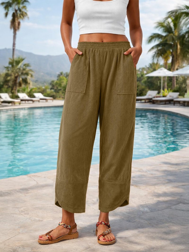 Feiersi Womens Baggy Wide Leg Pants Elastic Waisted Casual Corduroy Harem Pants Summer Beach Trousers(Corduroy Khaki,X-Large) - Image 4