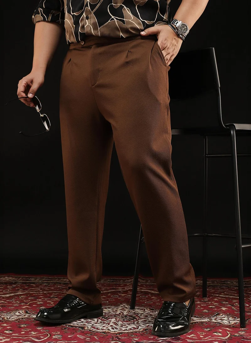 انستافاب بلس Instafab Plus Men's Chocolate Brown Extended-Waistband Pleated Trousers | Mid Rise , Straight Hem , Button Closure | Solid Twill Polyester Blend Material For Formal & Office Wear