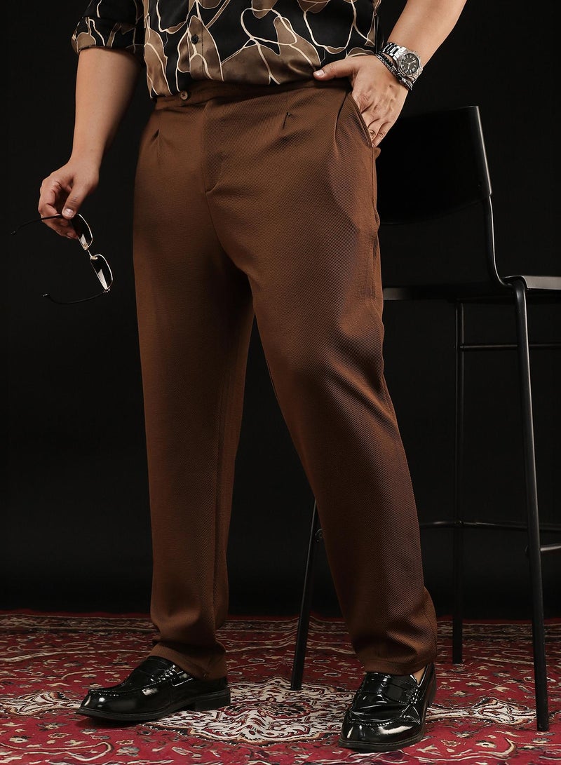 Instafab Plus Instafab Plus Men's Chocolate Brown Extended-Waistband Pleated Trousers | Mid Rise , Straight Hem , Button Closure | Solid Twill Polyester Blend Material For Formal & Office Wear - Image 1