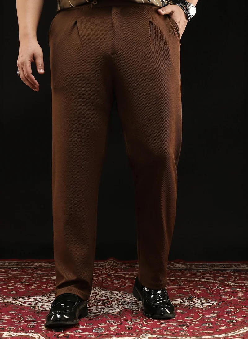 انستافاب بلس Instafab Plus Men's Chocolate Brown Extended-Waistband Pleated Trousers | Mid Rise , Straight Hem , Button Closure | Solid Twill Polyester Blend Material For Formal & Office Wear
