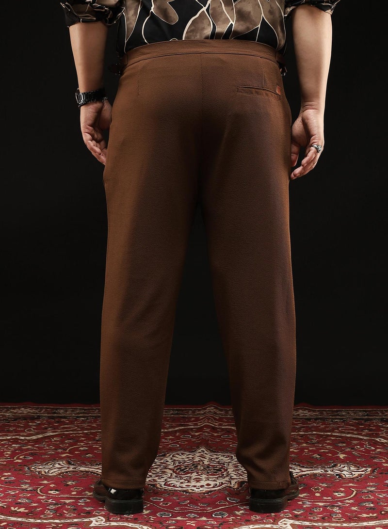 Instafab Plus Instafab Plus Men's Chocolate Brown Extended-Waistband Pleated Trousers | Mid Rise , Straight Hem , Button Closure | Solid Twill Polyester Blend Material For Formal & Office Wear - Image 5