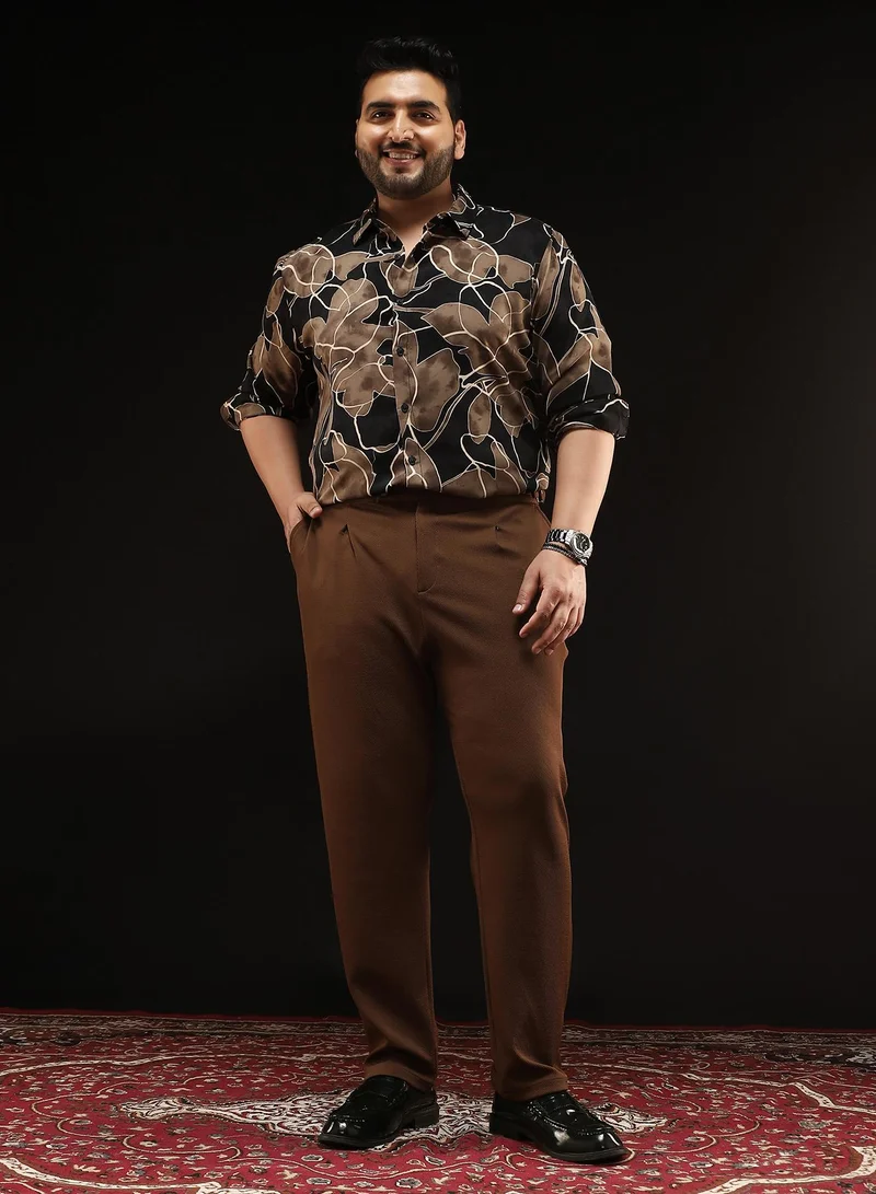 Instafab Plus Instafab Plus Men's Chocolate Brown Extended-Waistband Pleated Trousers | Mid Rise , Straight Hem , Button Closure | Solid Twill Polyester Blend Material For Formal & Office Wear