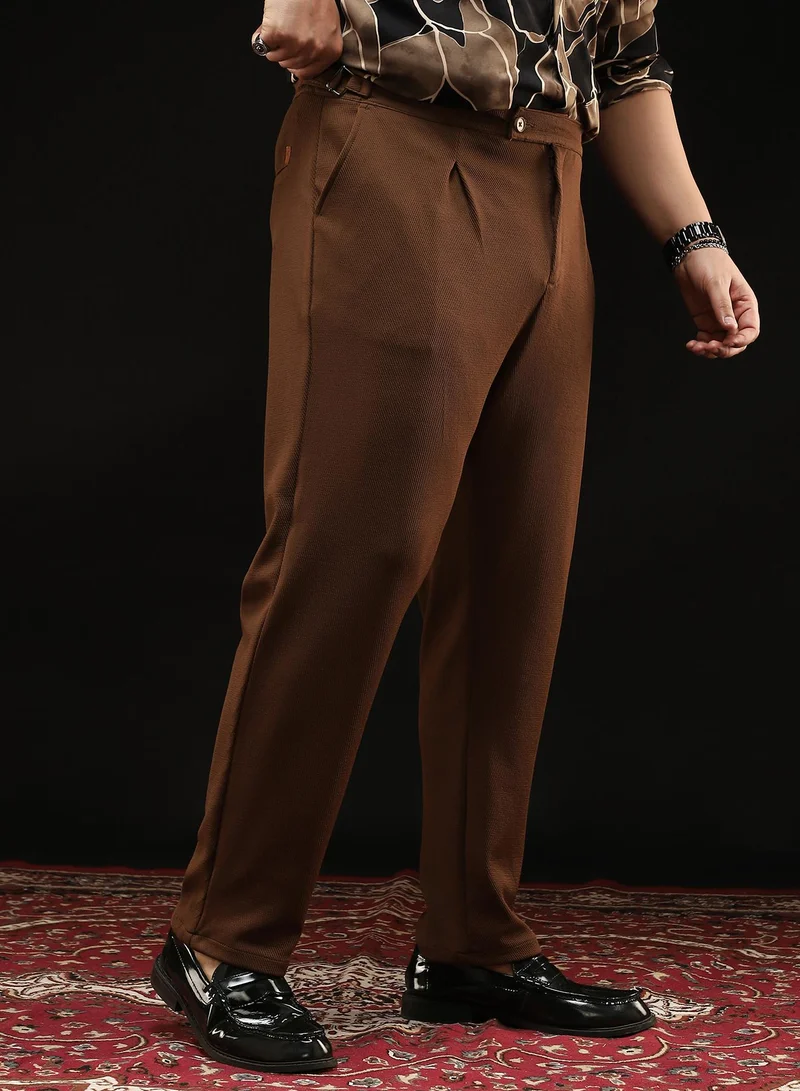 Instafab Plus Instafab Plus Men's Chocolate Brown Extended-Waistband Pleated Trousers | Mid Rise , Straight Hem , Button Closure | Solid Twill Polyester Blend Material For Formal & Office Wear