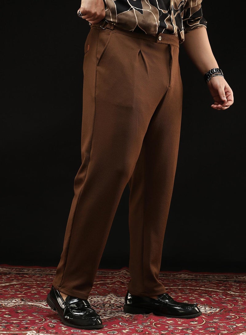 Instafab Plus Instafab Plus Men's Chocolate Brown Extended-Waistband Pleated Trousers | Mid Rise , Straight Hem , Button Closure | Solid Twill Polyester Blend Material For Formal & Office Wear - Image 3